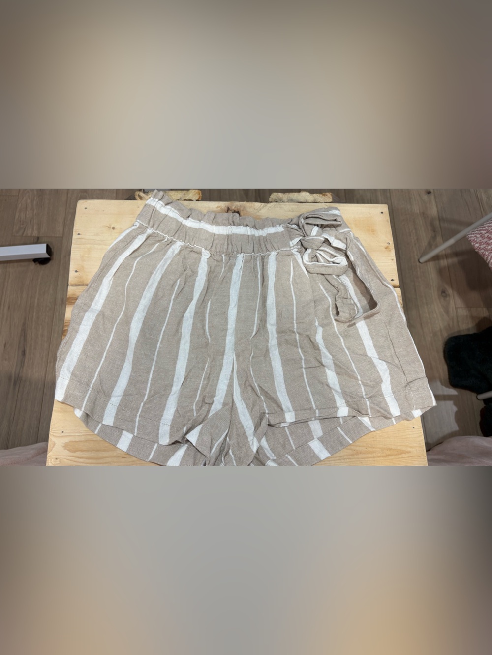 Revamped Beige & White Striped Tie-Waist Shorts